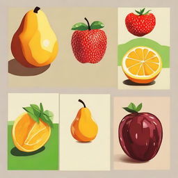 Generate an image with four panels, each showing a different fruit in its own unique scene. The fruits should be chosen at random.