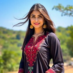 A stunning 23-year-old brunette woman dressed in a traditional kurtha suruwal, showcasing intricate embroidery and vibrant colors