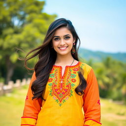 A stunning 23-year-old brunette woman dressed in a traditional kurtha suruwal, showcasing intricate embroidery and vibrant colors
