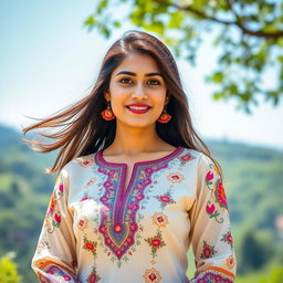 A stunning 23-year-old brunette woman dressed in a traditional kurtha suruwal, showcasing intricate embroidery and vibrant colors