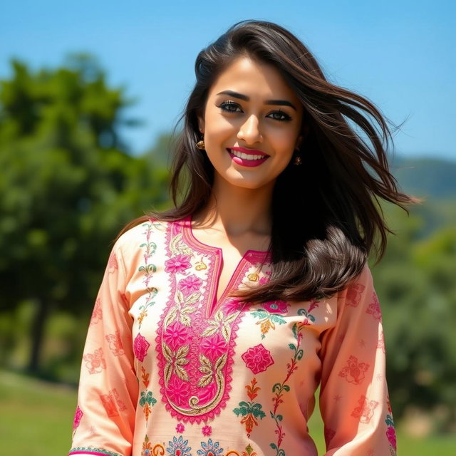 A stunning 23-year-old brunette woman dressed in a traditional kurtha suruwal, showcasing intricate embroidery and vibrant colors