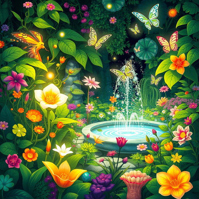 A vibrant and flourishing anime garden filled with an array of unique and strange fantasy plants, each used in magical practices