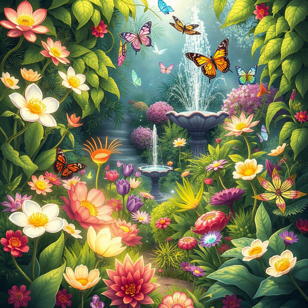 A vibrant and flourishing anime garden filled with an array of unique and strange fantasy plants, each used in magical practices