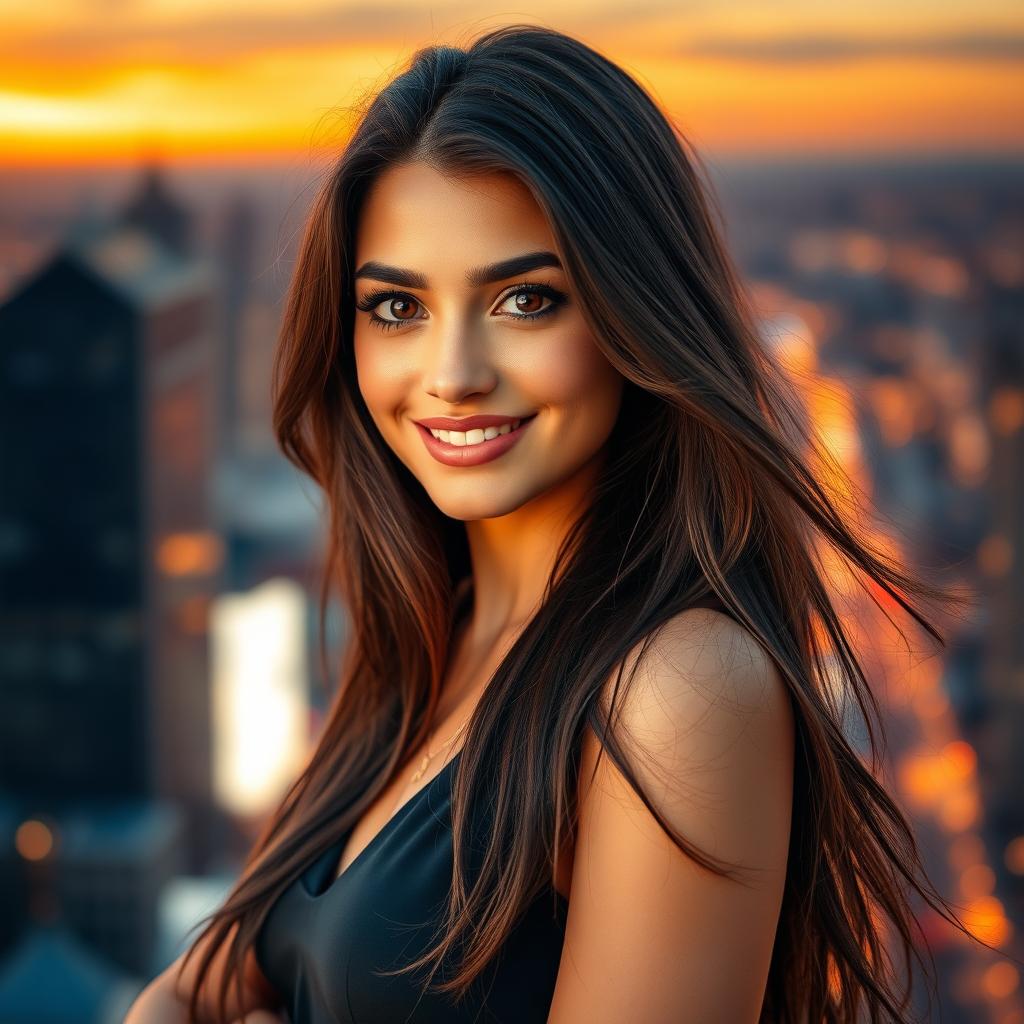 A stunning 23-year-old brunette woman with long, flowing hair, captivating brown eyes, and an enchanting smile