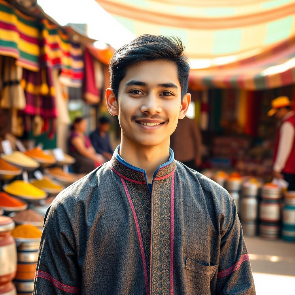 A 20-year-old Nepali person, male, standing in a vibrant outdoor market setting filled with colorful traditional Nepali items and fabrics