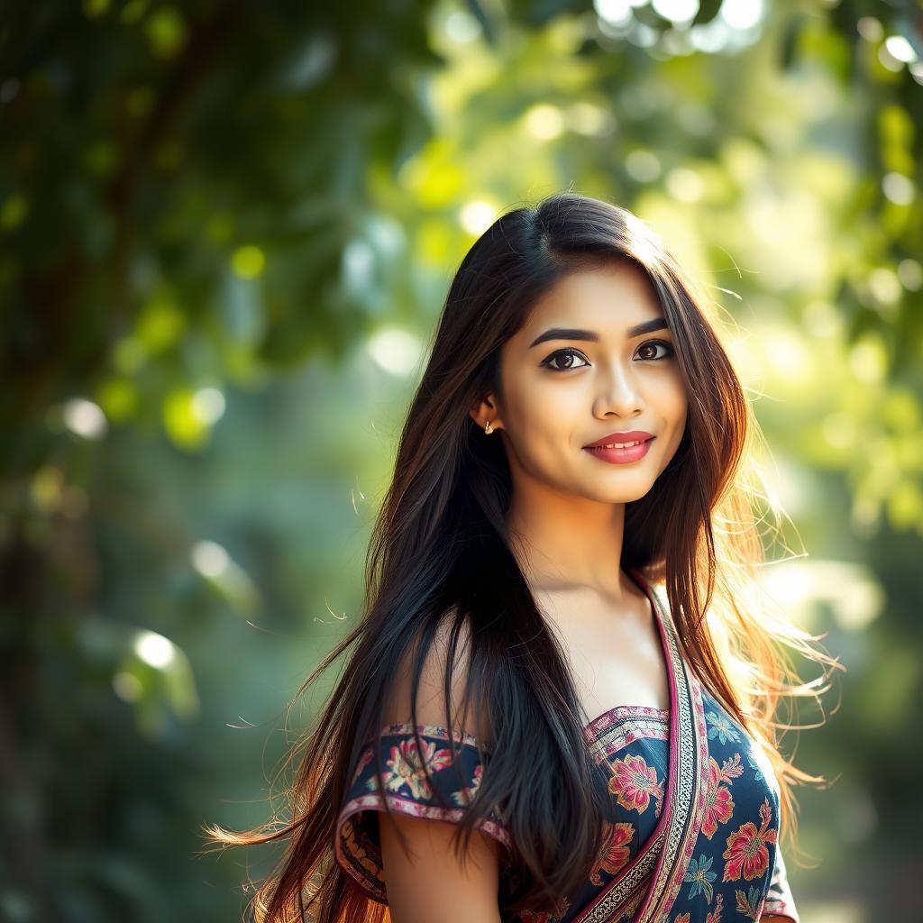A beautiful 20-year-old Nepali woman with long, flowing brunette hair