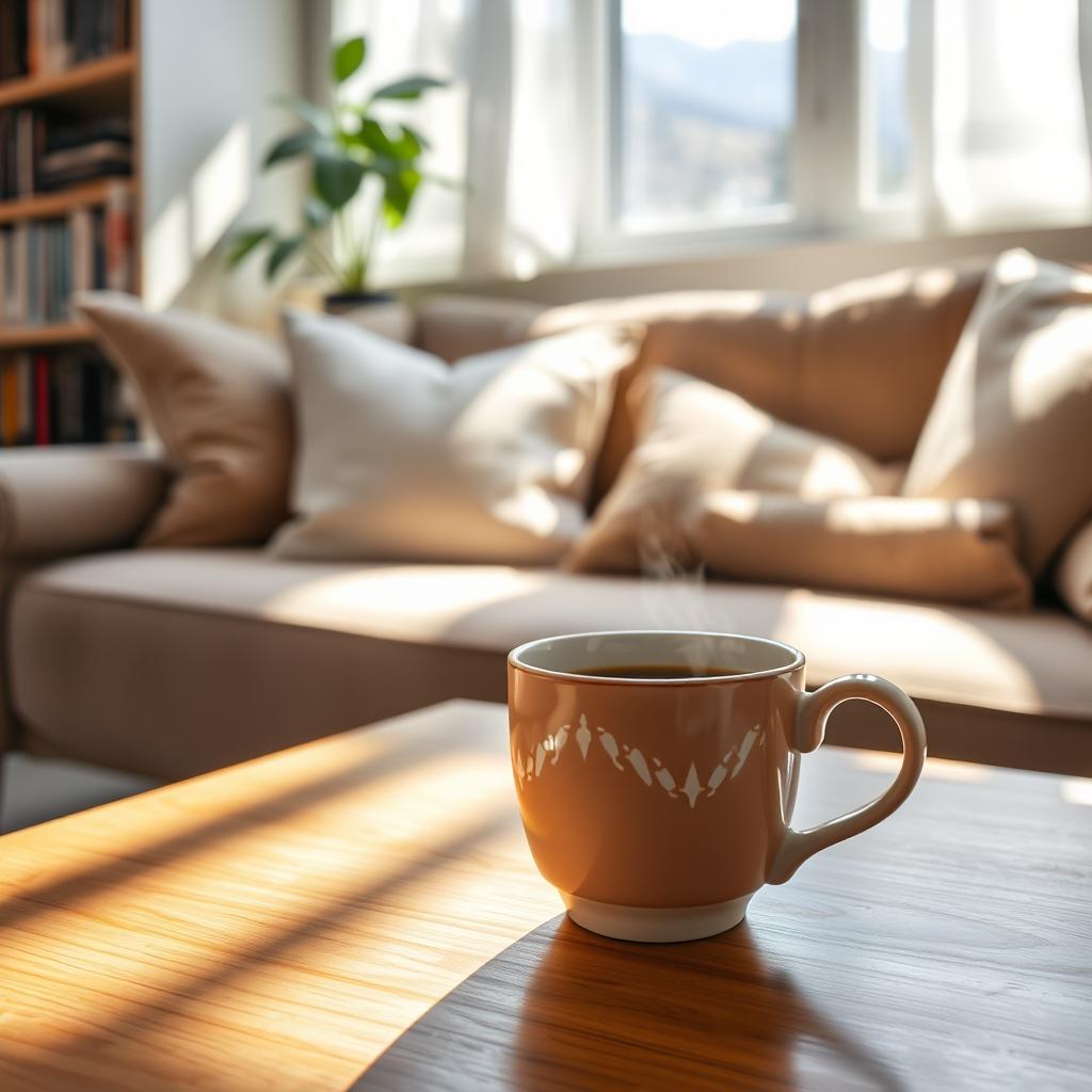 A cozy home setting featuring a steaming cup of coffee on a wooden table