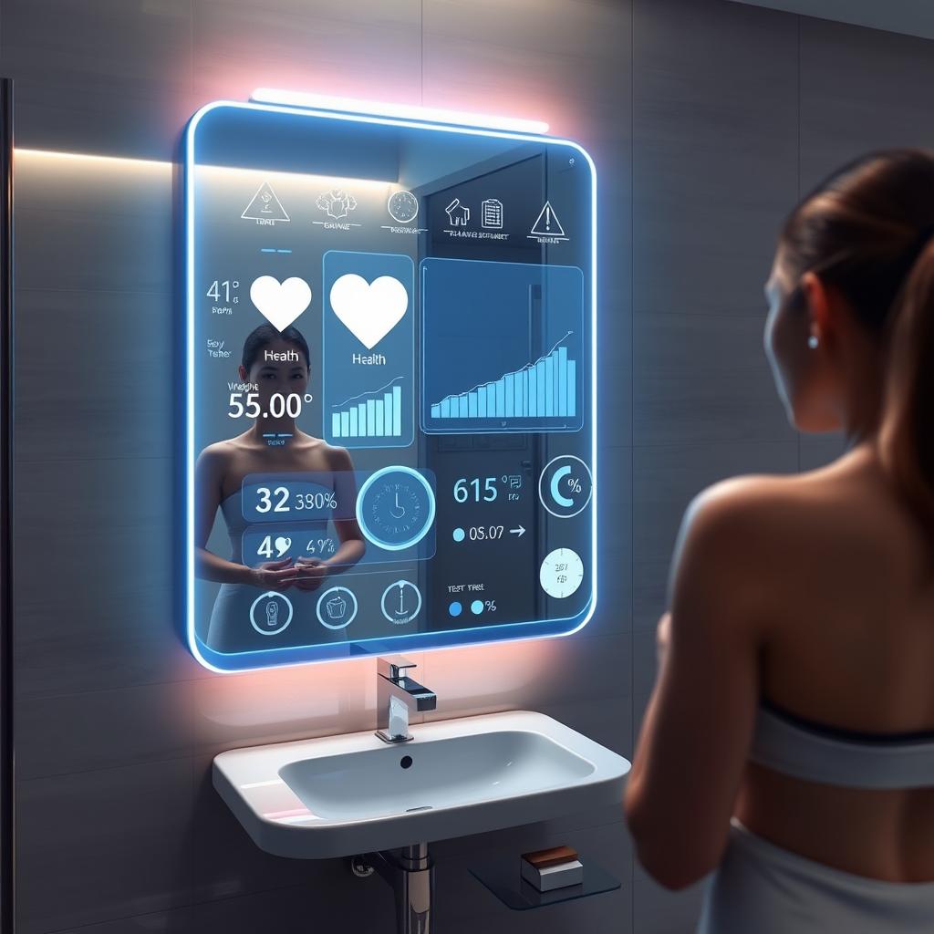 A futuristic smart mirror that displays an illuminated holographic interface, showcasing various health metrics such as heart rate, body temperature, and weight