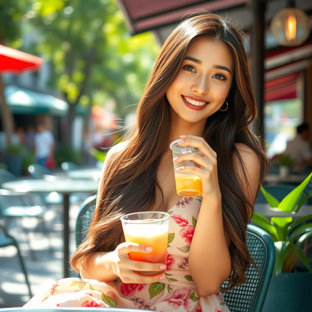 A stunning 23-year-old Asian woman with long, silky brunette hair, sitting elegantly in a vibrant outdoor café setting