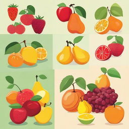 Generate an image with four panels, each showing a different fruit in its own unique scene. The fruits should be chosen at random.