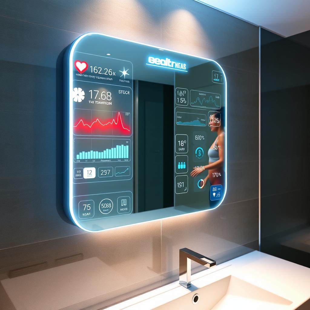 A futuristic smart mirror that displays an illuminated holographic interface, showcasing various health metrics such as heart rate, body temperature, and weight