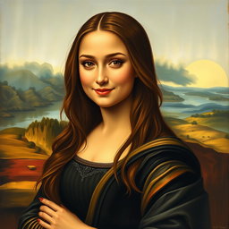 A modern reinterpretation of the Mona Lisa painting, featuring a young woman with an enigmatic smile, dressed in a stylish contemporary outfit