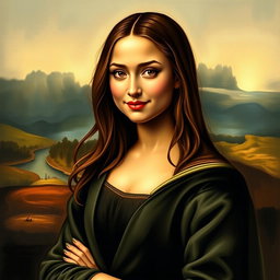 A modern reinterpretation of the Mona Lisa painting, featuring a young woman with an enigmatic smile, dressed in a stylish contemporary outfit