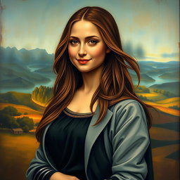 A modern reinterpretation of the Mona Lisa painting, featuring a young woman with an enigmatic smile, dressed in a stylish contemporary outfit