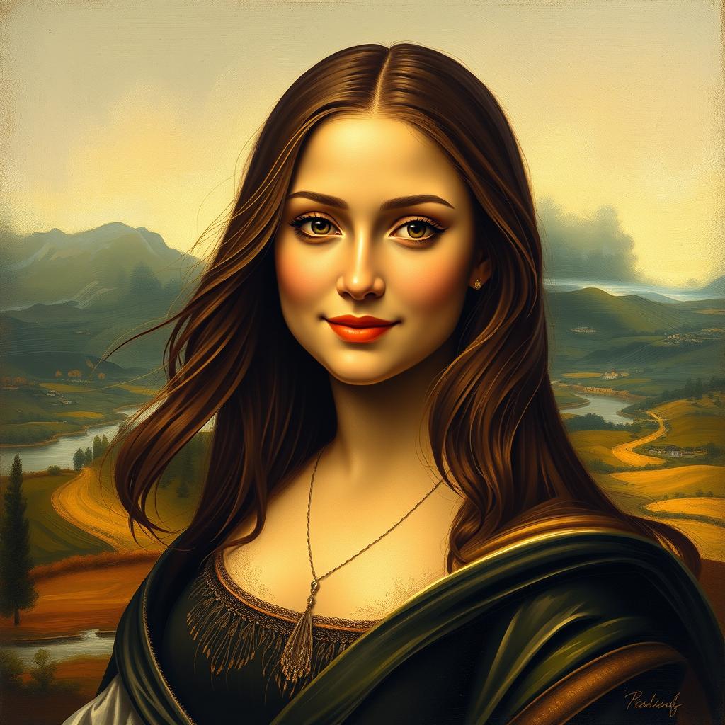 A modern reinterpretation of the Mona Lisa painting, featuring a young woman with an enigmatic smile, dressed in a stylish contemporary outfit