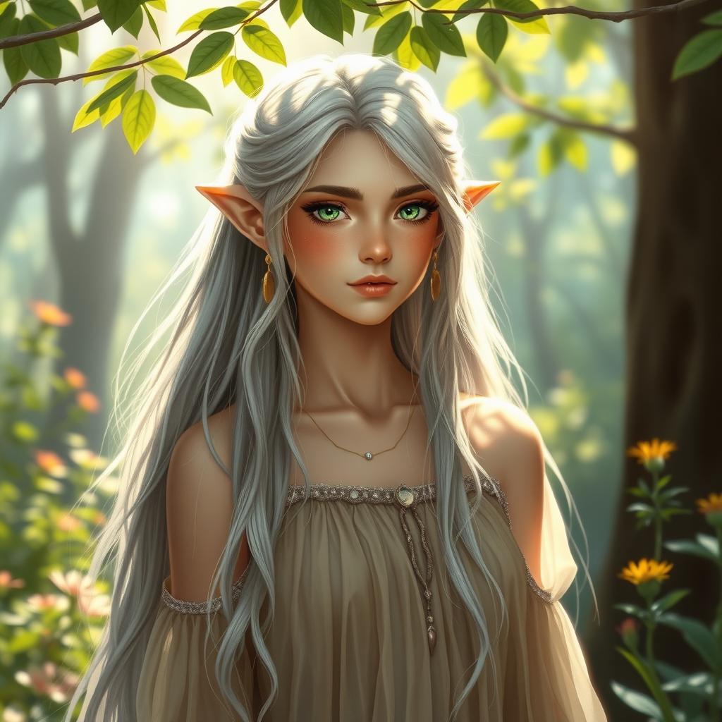 A stunning 23-year-old elf girl with long, flowing silver hair and bright green eyes, standing in a mystical forest