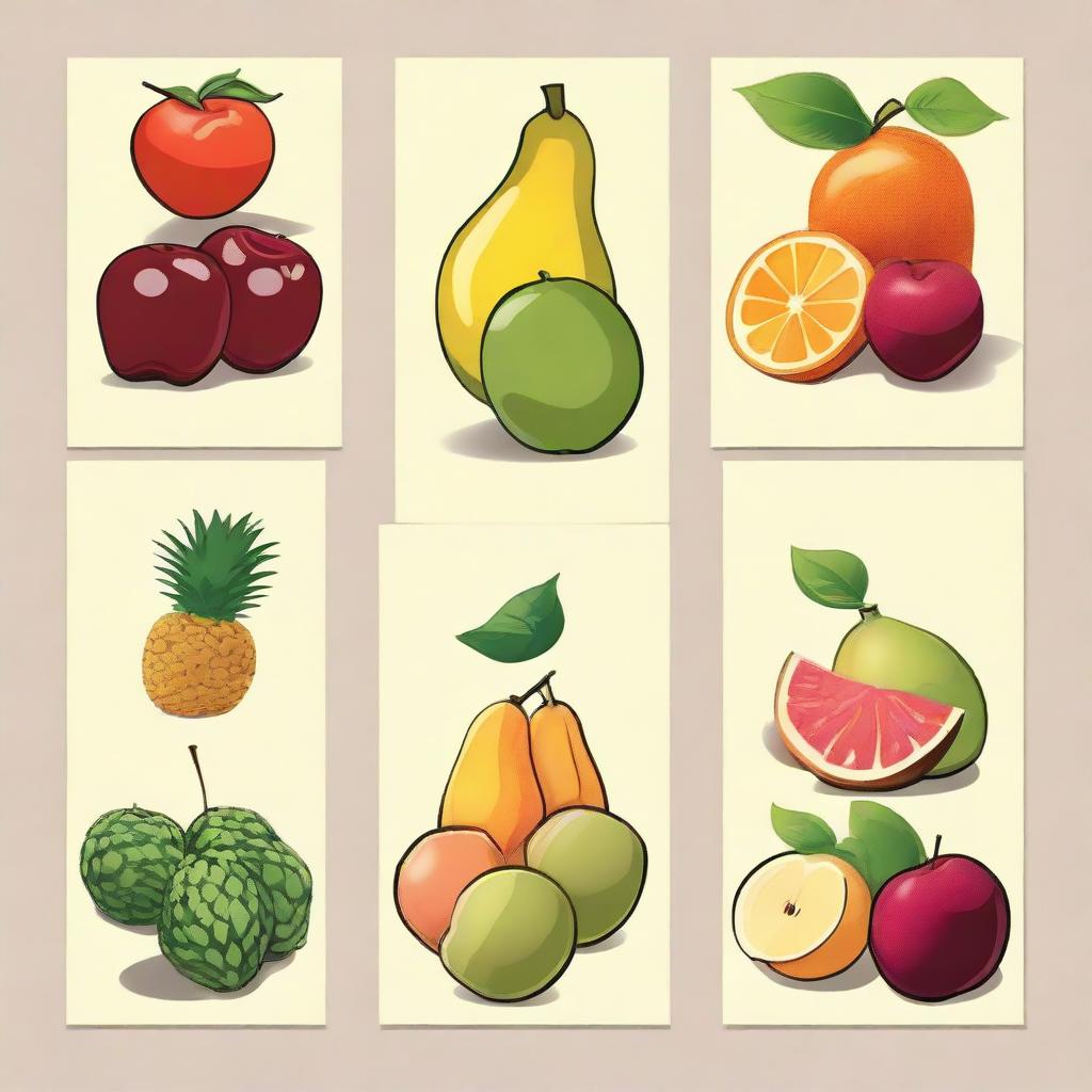 Generate an image with four panels, each showing a different fruit in its own unique scene. The fruits should be chosen at random.