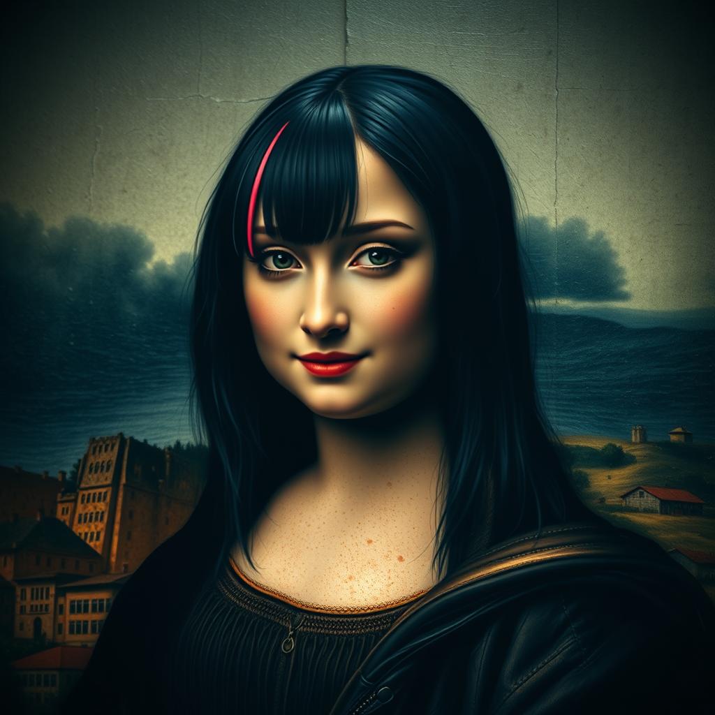 A reinterpretation of the famous Mona Lisa, styled with an emo aesthetic