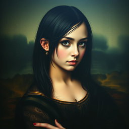 A reimagined version of the famous Mona Lisa painting, featuring an emo teenage girl with striking dark hair and edgy makeup