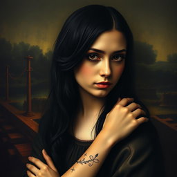 A reimagined version of the famous Mona Lisa painting, featuring an emo teenage girl with striking dark hair and edgy makeup