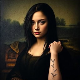 A reimagined version of the famous Mona Lisa painting, featuring an emo teenage girl with striking dark hair and edgy makeup