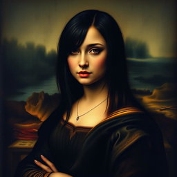 A reimagined version of the famous Mona Lisa painting, featuring an emo teenage girl with striking dark hair and edgy makeup