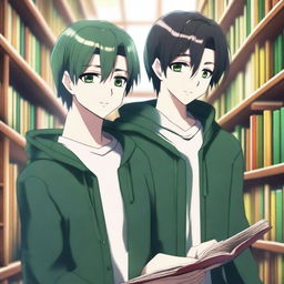 A high-quality 3D digital art image shows two handsome anime-style high school boys in a library, a setting for their blossoming love story