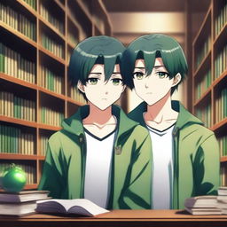 A high-quality 3D digital art image shows two handsome anime-style high school boys in a library, a setting for their blossoming love story