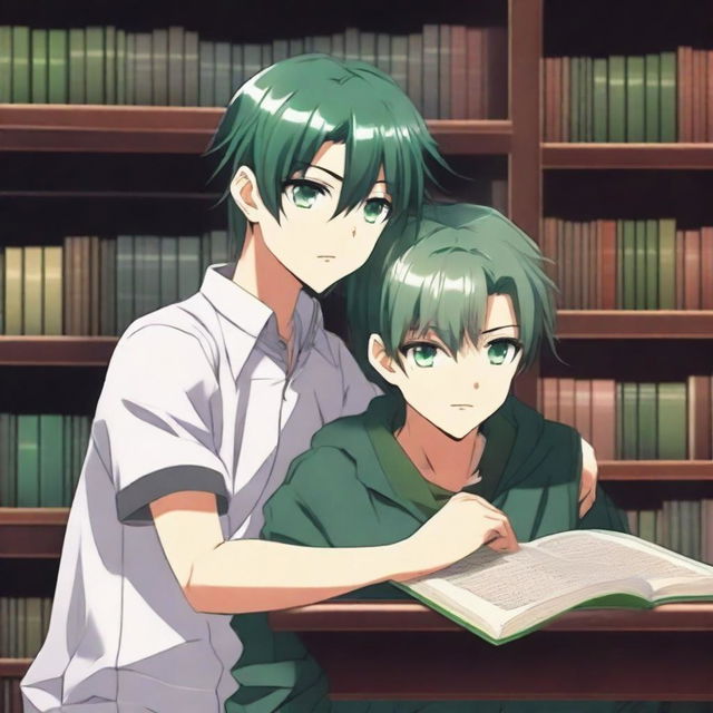 A high-quality 3D digital art image shows two handsome anime-style high school boys in a library, a setting for their blossoming love story