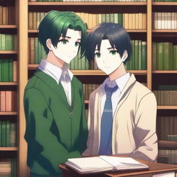 A high-quality 3D digital art image shows two handsome anime-style high school boys in a library, a setting for their blossoming love story