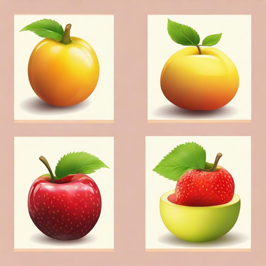 Generate an image with four panels, each showing a different fruit in its own unique scene. The fruits should be chosen at random.