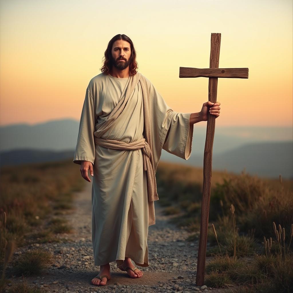 A serene and powerful image of Jesus standing on a peaceful yet challenging path