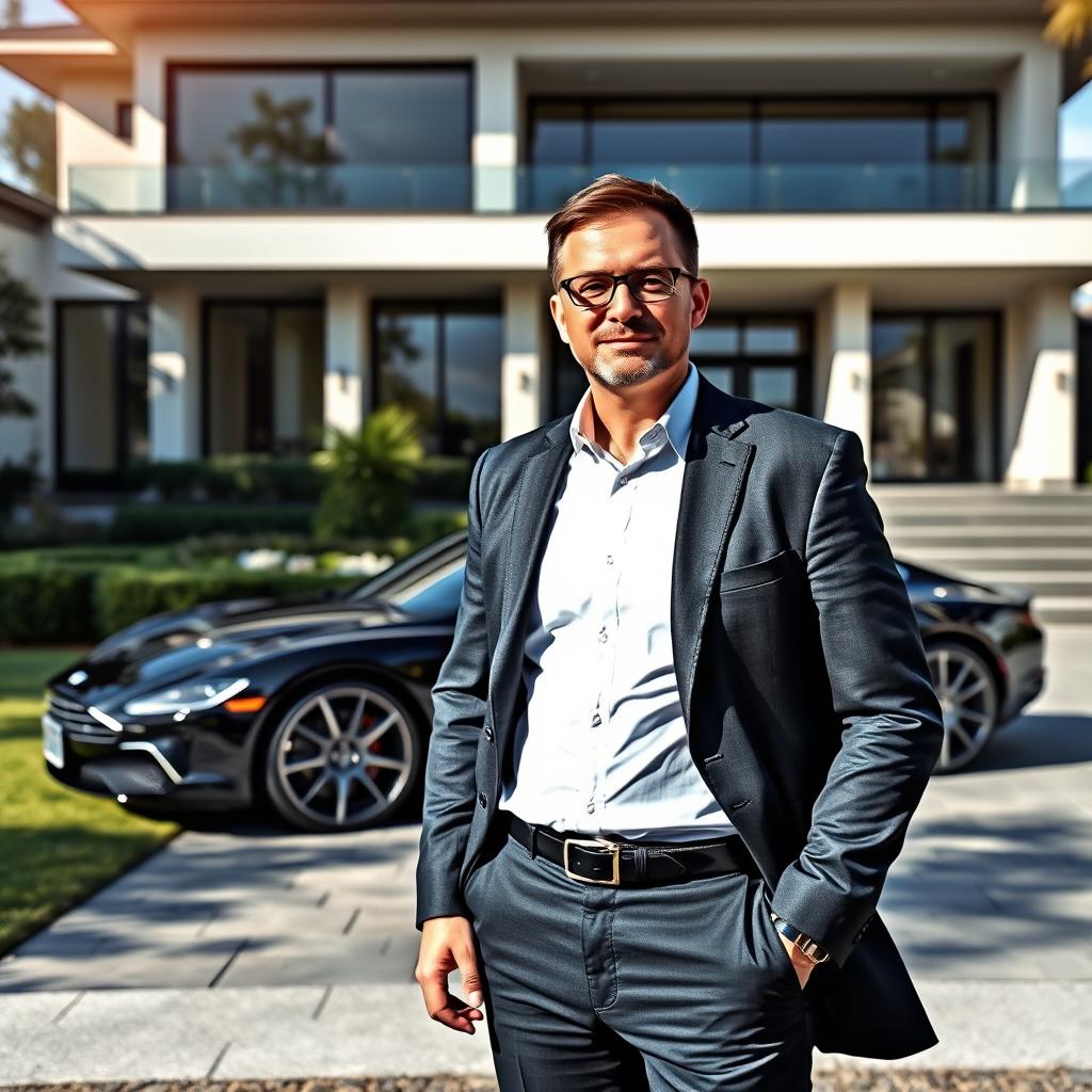 An accomplished engineer standing proudly in front of a large, modern mansion with elegant architecture