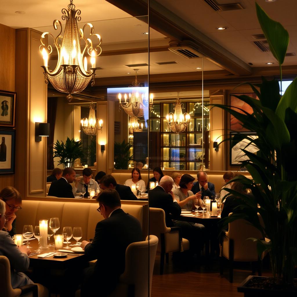 A cozy, upscale restaurant interior featuring a stylish mirror glass wall