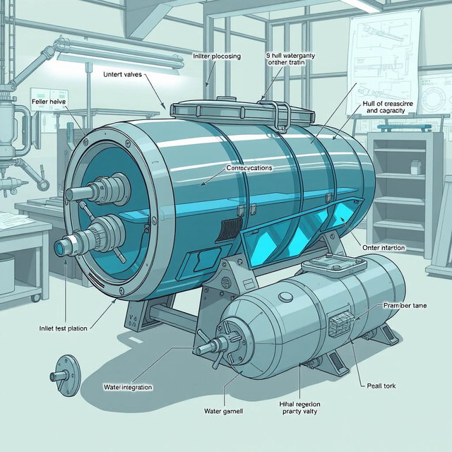 A detailed and technical illustration of a fast gunboat water tank design