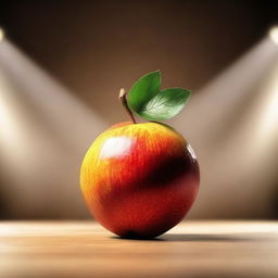 Generate an image of a singular, ripe fruit in the center of a spotlight on a stage caught in an intense, dramatic moment.