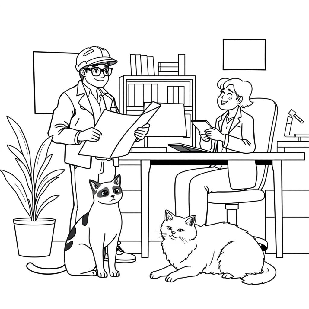 A simple line drawing suitable for a coloring book depicting an engineer and a psychologist in a friendly office environment