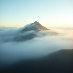 A stunning image of a mountain shaped like a woman's body emerging from thick fog, with soft curves and contours resembling the female form
