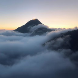 A stunning image of a mountain shaped like a woman's body emerging from thick fog, with soft curves and contours resembling the female form
