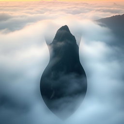 A stunning image of a mountain shaped like a woman's body emerging from thick fog, with soft curves and contours resembling the female form