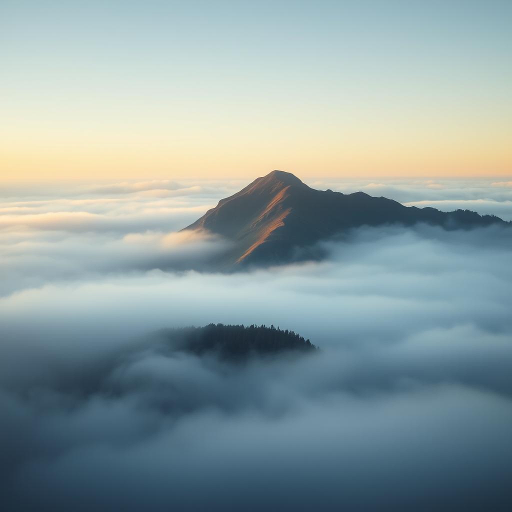 A stunning image of a mountain shaped like a woman's body emerging from thick fog, with soft curves and contours resembling the female form