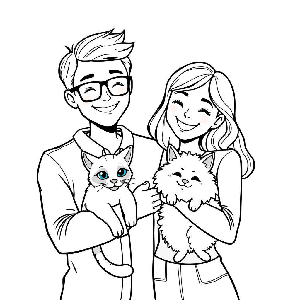 A cute and simple black and white drawing for a coloring book, featuring an engineer and a psychologist happily holding their two cats