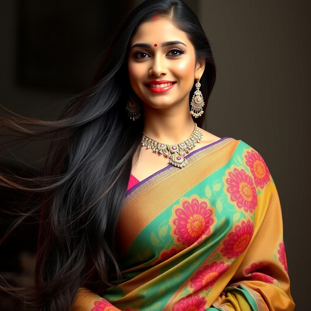 A stunning South Indian woman with long, flowing hair elegantly dressed in a colorful saree featuring intricate designs