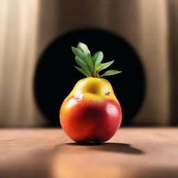 Generate an image of a singular, ripe fruit in the center of a spotlight on a stage caught in an intense, dramatic moment.