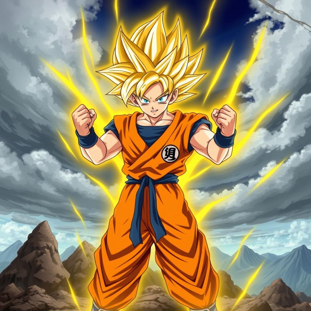 A dynamic and powerful portrayal of Goku from the anime "Dragon Ball", depicted in his Super Saiyan form