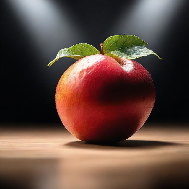 Generate an image of a singular, ripe fruit in the center of a spotlight on a stage caught in an intense, dramatic moment.