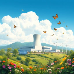 A visually stunning illustration depicting the positive effects of nuclear power plants on the environment