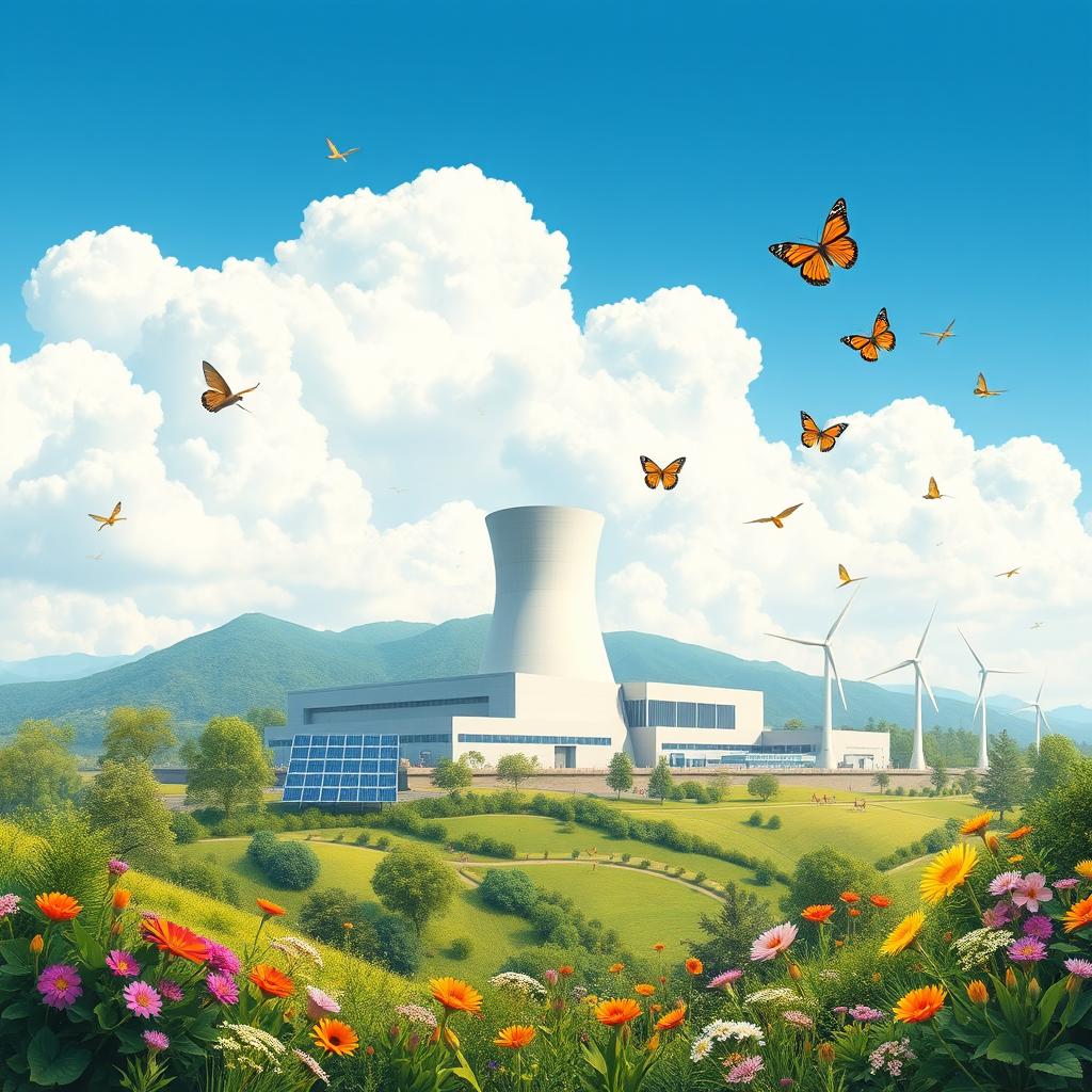 A visually stunning illustration depicting the positive effects of nuclear power plants on the environment