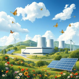 A visually stunning illustration depicting the positive effects of nuclear power plants on the environment
