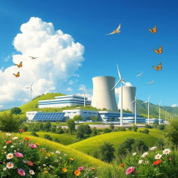 A visually stunning illustration depicting the positive effects of nuclear power plants on the environment